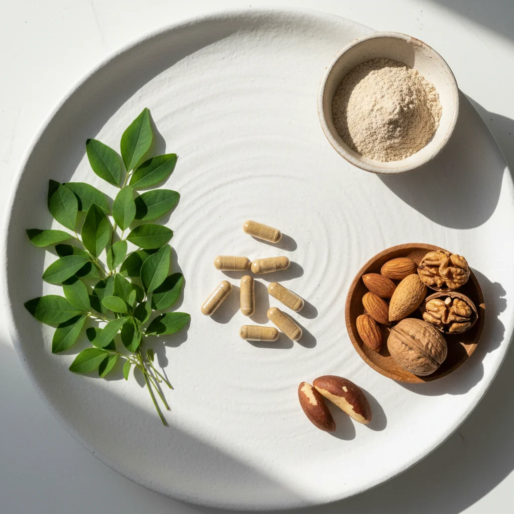 Naturliga ingredienser - alfa-liponsyra kosttillskott, B-vitaminer och magnesium i minimalistisk layout
